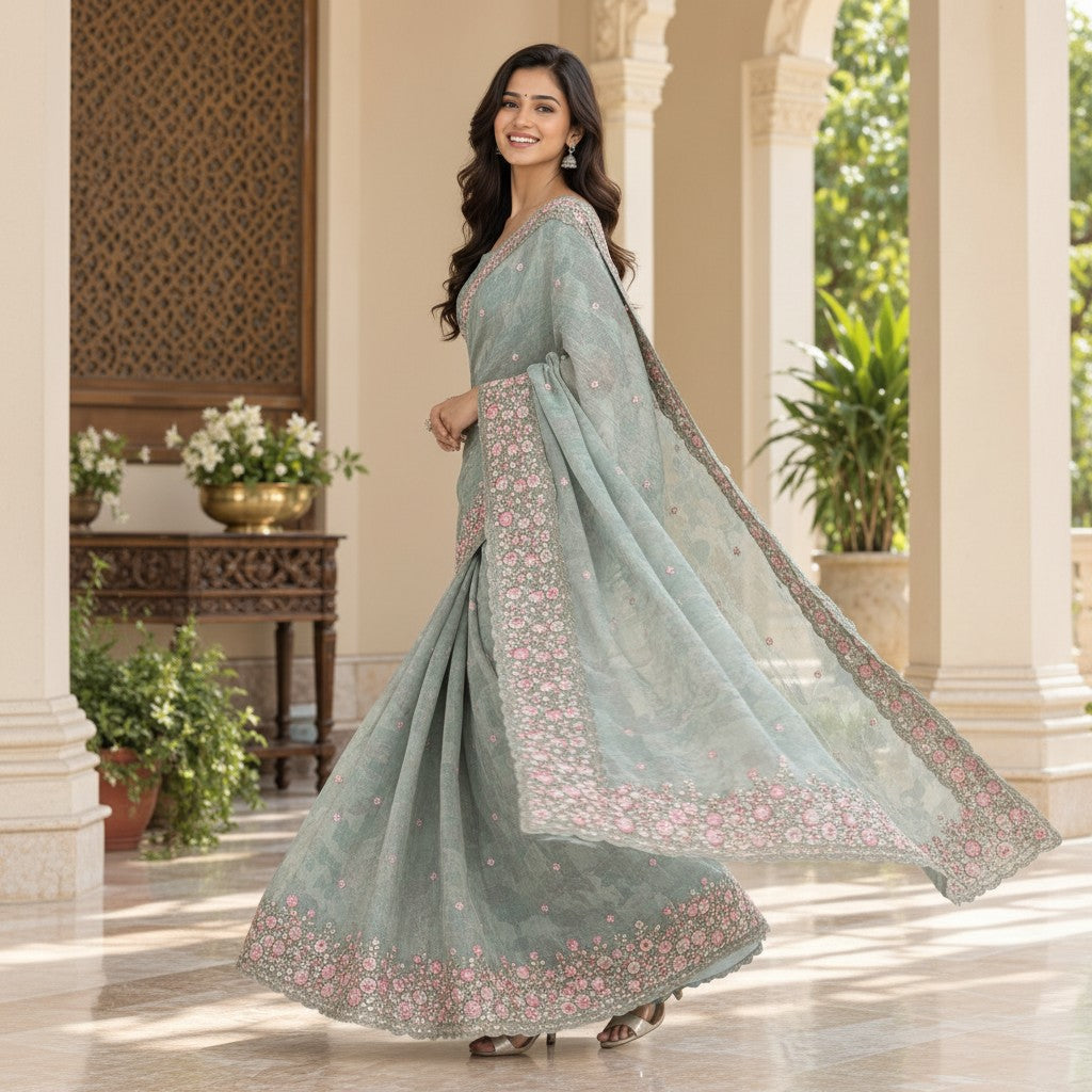 Pastel Seafoam Green Floral Embroidered Saree with Designer Border