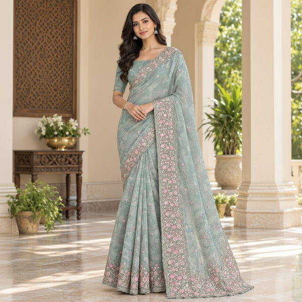 Pastel Seafoam Green Floral Embroidered Saree with Designer Border