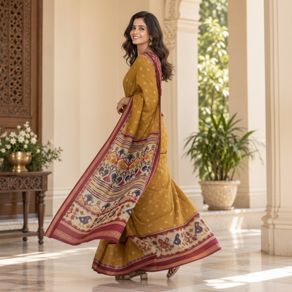 Mustard Gold Handloom Saree with Maroon Ikat Pallu & Blous