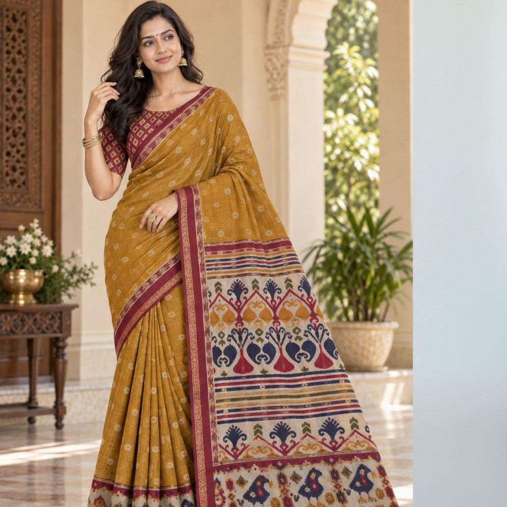 Mustard Gold Handloom Saree with Maroon Ikat Pallu & Blous