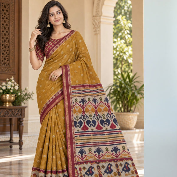 Mustard Gold Handloom Saree with Maroon Ikat Pallu & Blous
