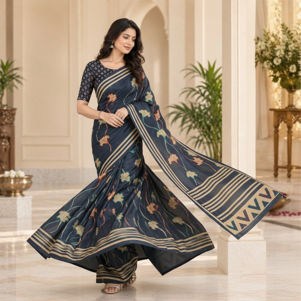 Navy Blue Floral Vine Saree with Golden Striped Border & Chevron Pallu