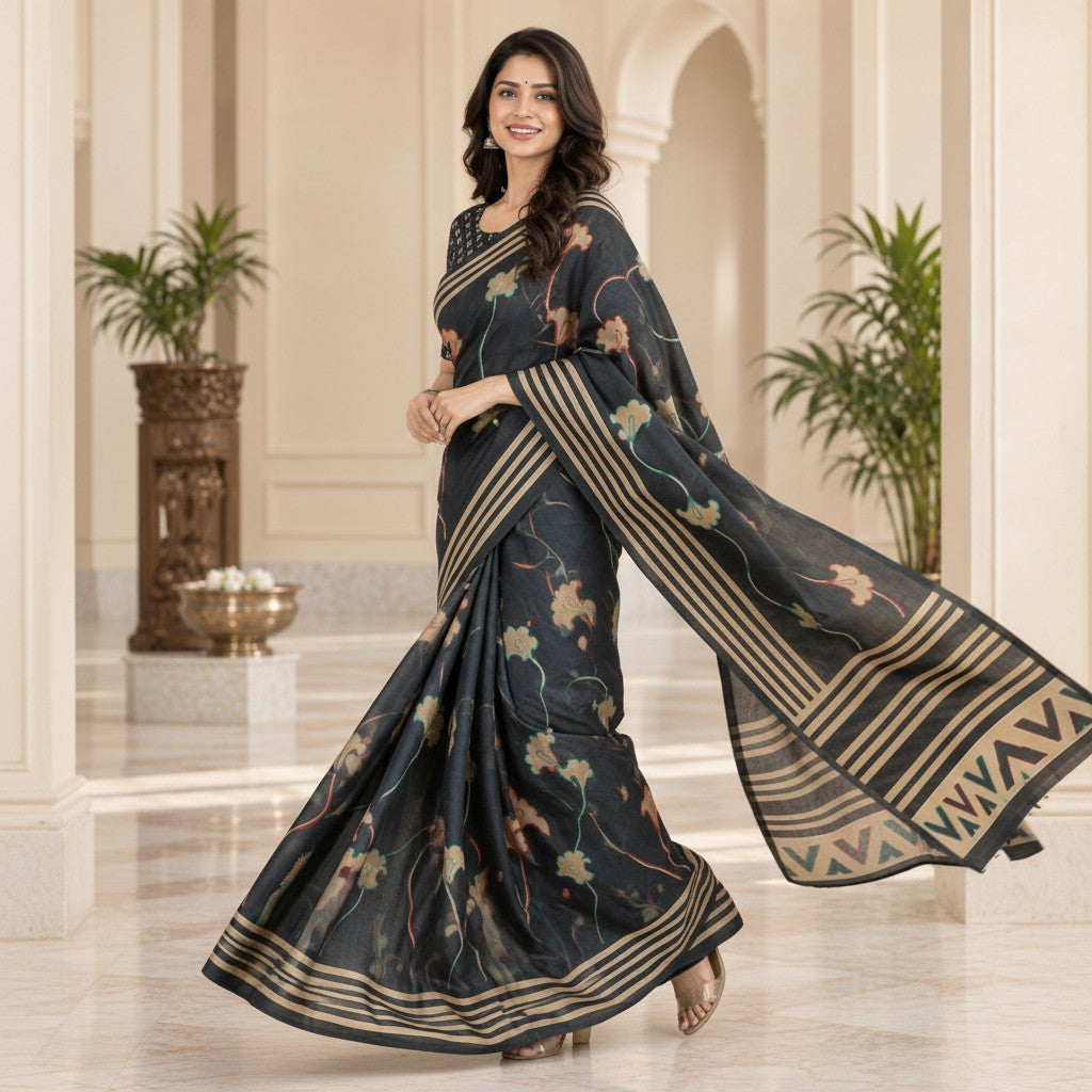 Elegant Charcoal Blue Saree with Multicolor Floral Vine Motifs & Striped Border