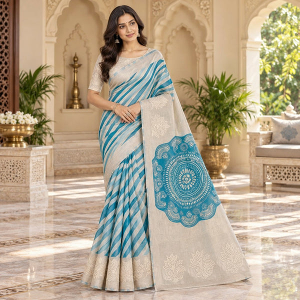 Elegant Ivory & Turquoise Floral Silk Saree with Artistic Pallu
