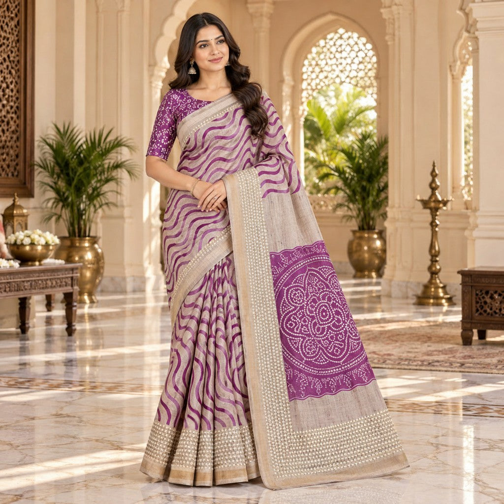 Elegant Beige & Purple Wavy Pattern Silk Saree with Embroidered Pallu