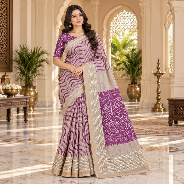 Elegant Beige & Purple Wavy Pattern Silk Saree with Embroidered Pallu