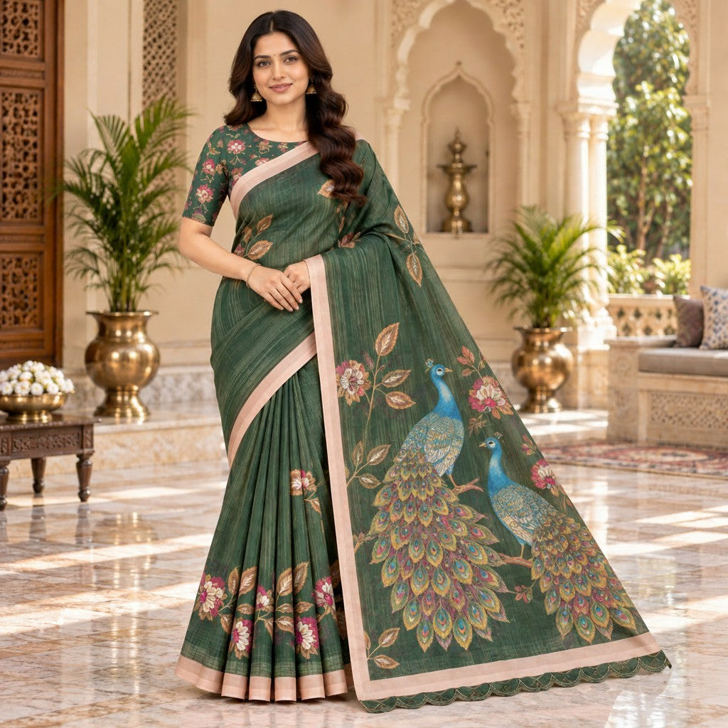 Elegant Forest Green Floral Saree with Peacock Pallu