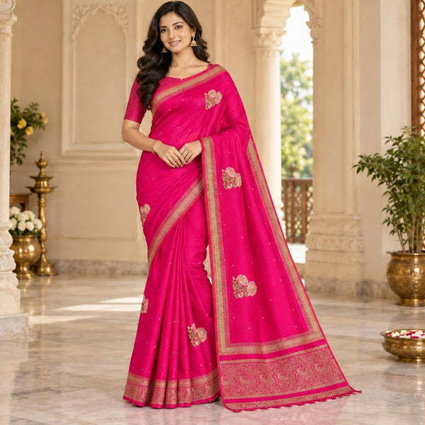 Elegant Magenta Silk Saree with Floral Embroidery & Rich Zari Border
