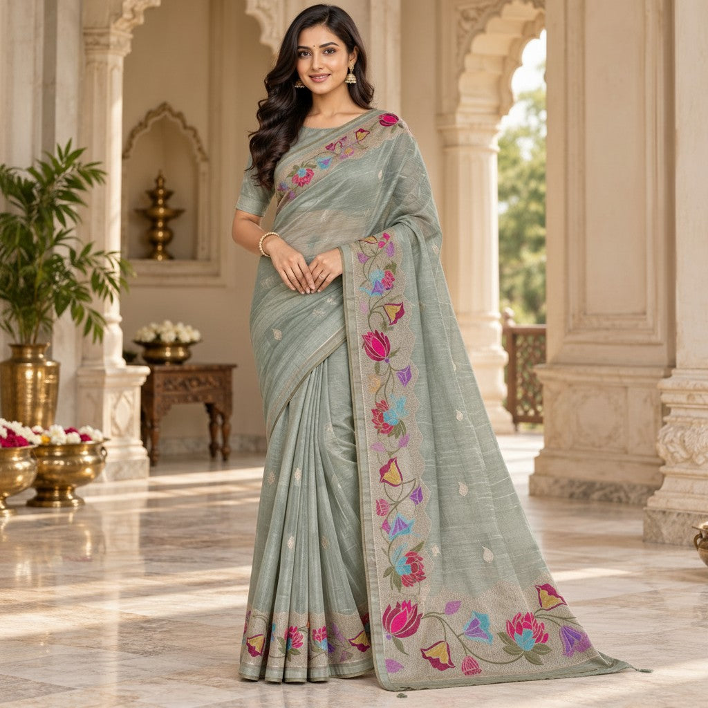 Elegant Sage Green Saree with Multicolor Floral Embroidery & Zari Border