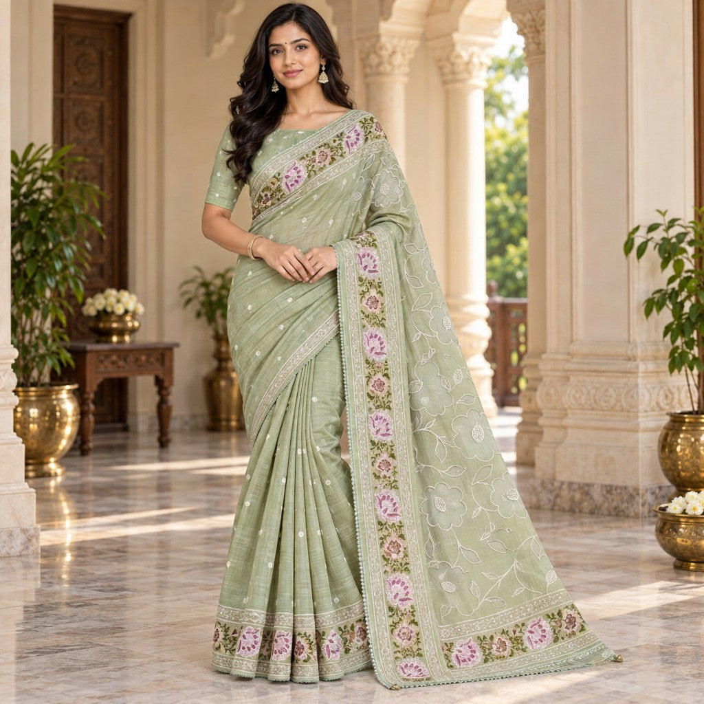 Sage Green Saree with Intricate Floral Embroidery & Elegant Border