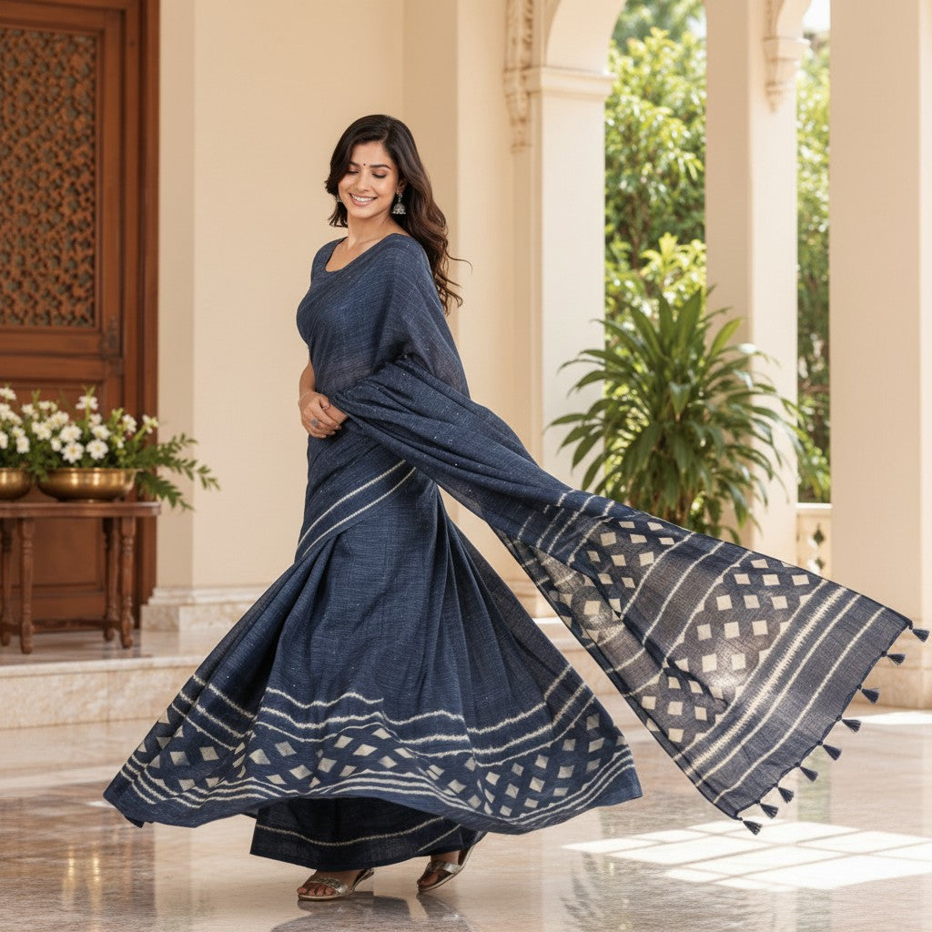 Indigo Blue Handloom Saree with Geometric Ikat Border & Tassels