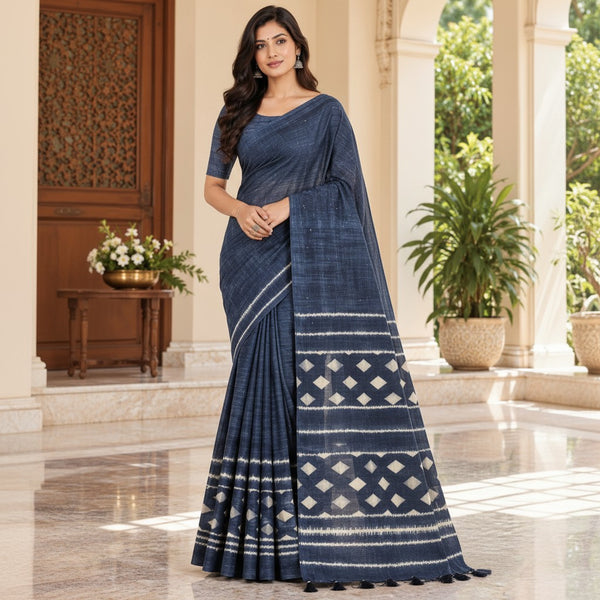 Indigo Blue Handloom Saree with Geometric Ikat Border & Tassels
