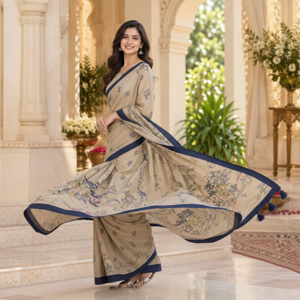 Beige Scenic Print Handloom Saree with Navy Border & Tassel Pallu