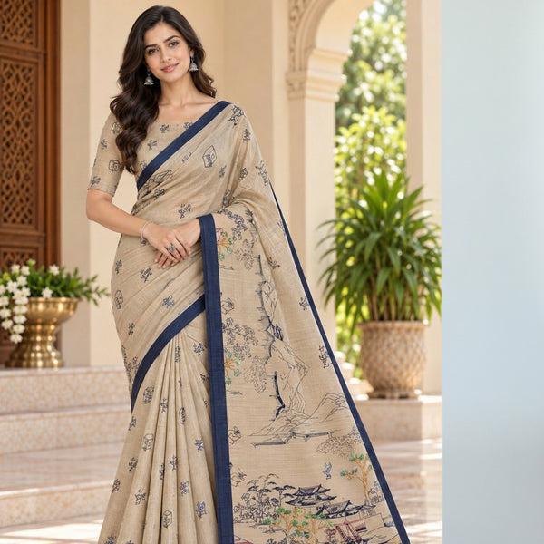 Beige Scenic Print Handloom Saree with Navy Border & Tassel Pallu