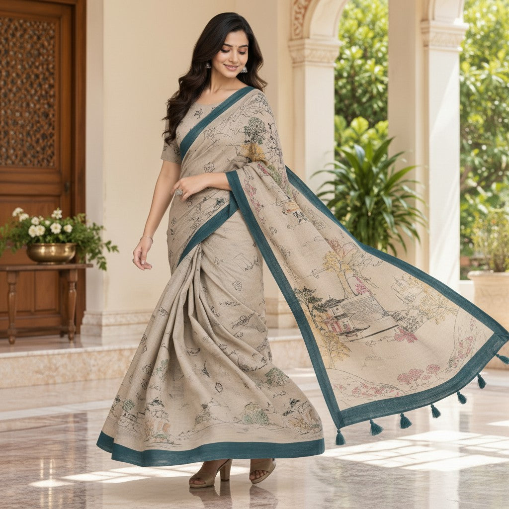 Teal Border Beige Handloom Saree with Scenic Art Motifs & Printed Blouse