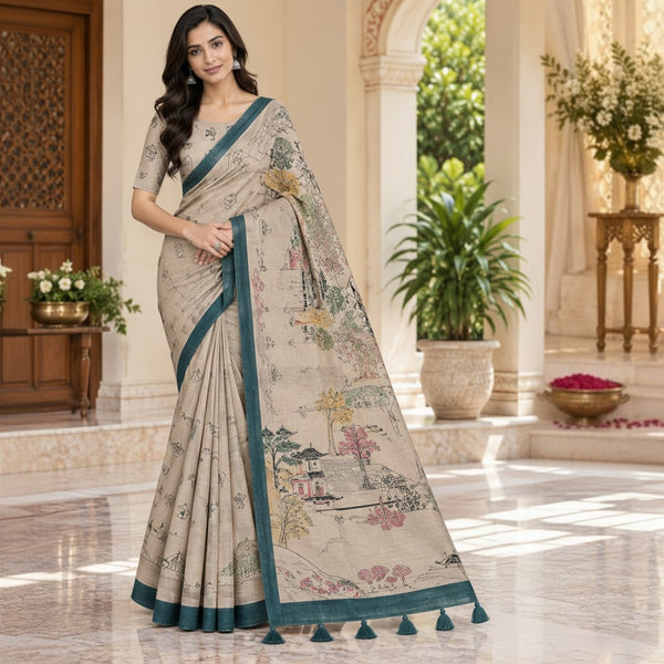 Teal Border Beige Handloom Saree with Scenic Art Motifs & Printed Blouse
