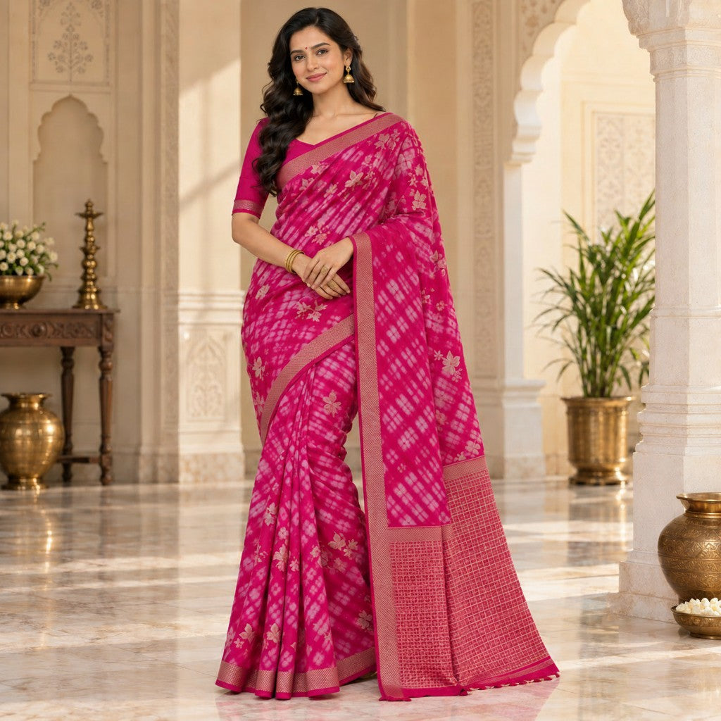 Premium Fuchsia Pink Bandhani Saree with Traditional Woven Border