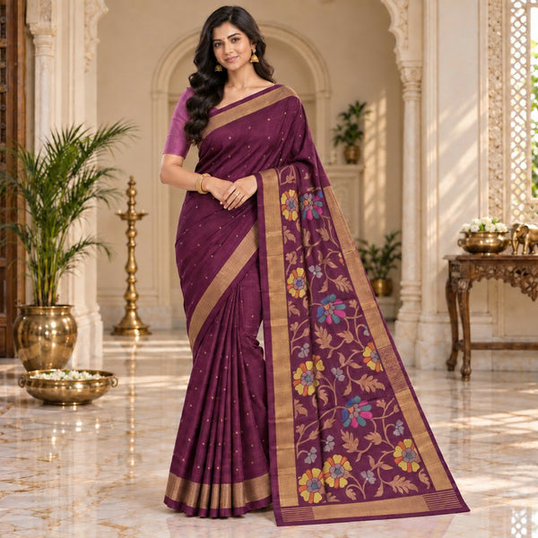 Elegant Plum Purple Handloom Saree with Floral Designer Pallu & Gold Zari Border