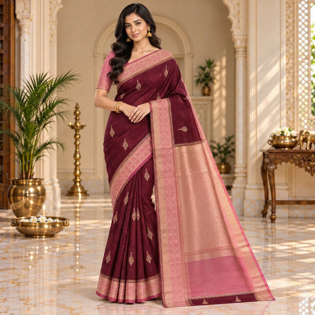 Elegant Maroon & Pink Woven Silk Saree with Gold Motifs