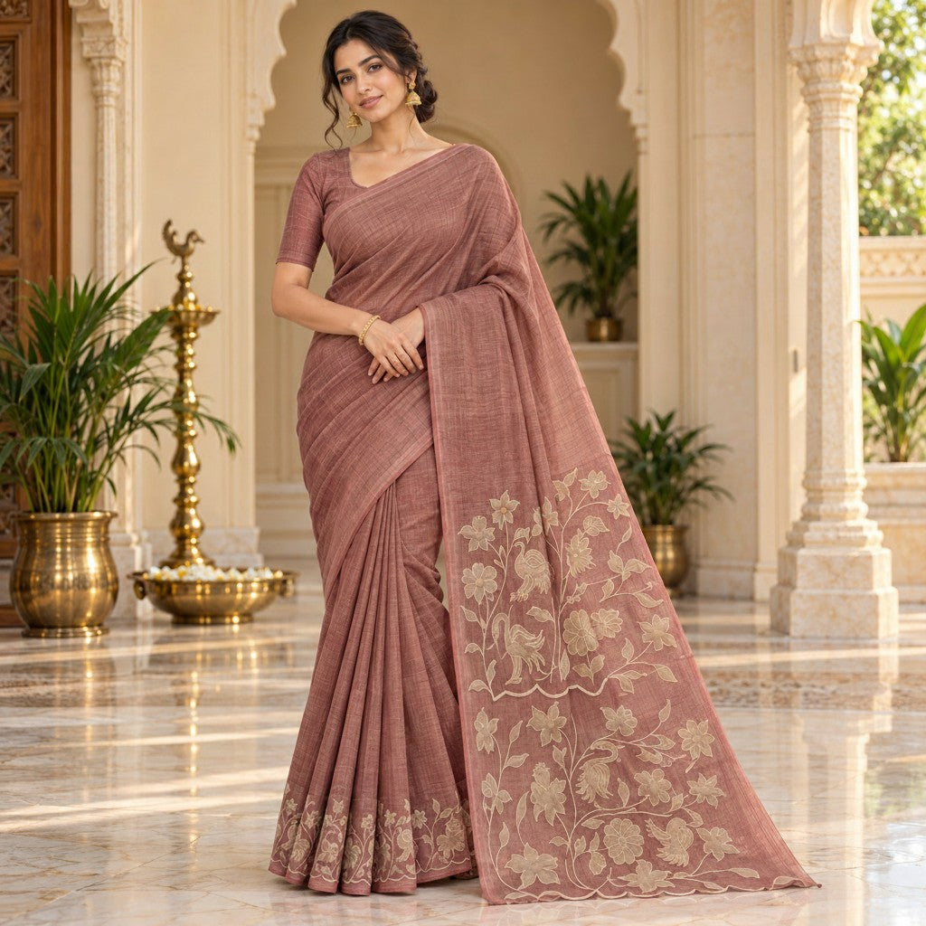 Dusty Rose Floral Embroidered Linen Saree with Elegant Pallu