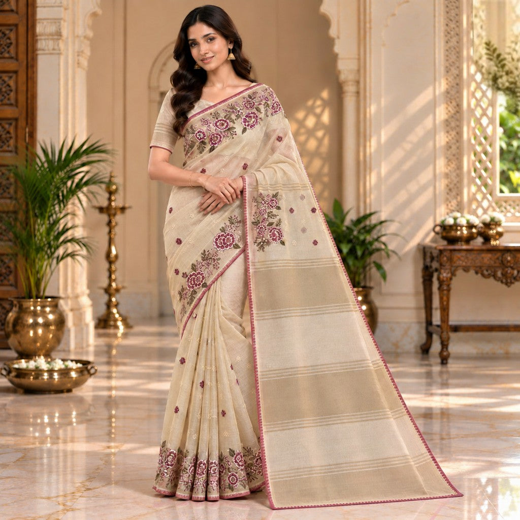 Elegant Beige Floral Printed Saree with Maroon Border