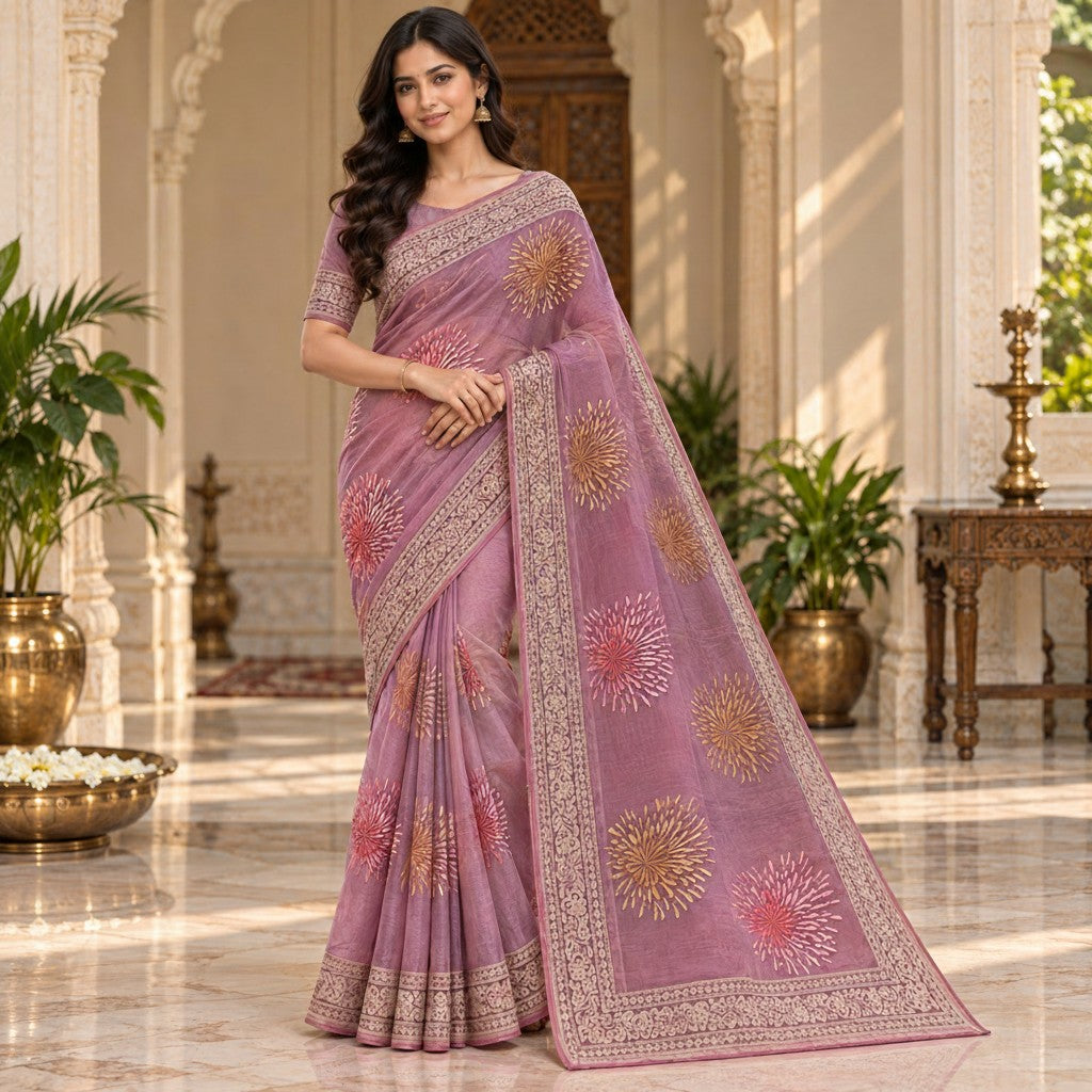 Elegant Mauve Purple Floral Embroidered Saree with Designer Border