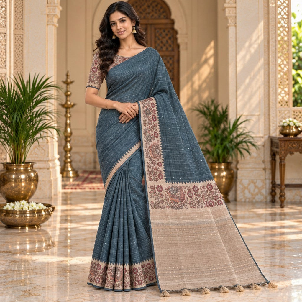 Elegant Blue-Grey Floral Printed Handloom Saree with Traditional Pallu & Designer Blouse