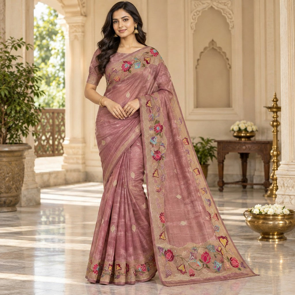 Dusty Rose Saree with Multicolour Floral Embroidery & Elegant Gold Border