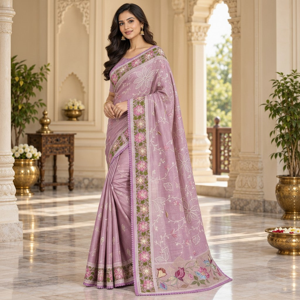 Elegant Lavender Saree with Floral Embroidery & Botanical Border