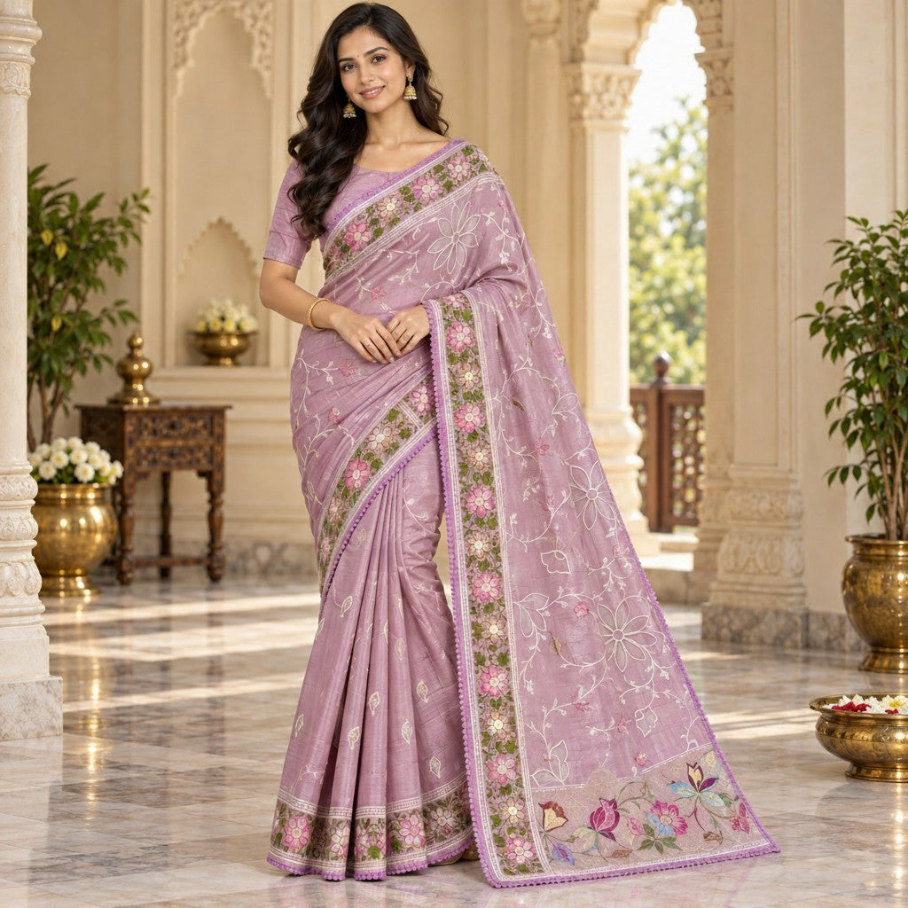 Elegant Lavender Saree with Floral Embroidery & Botanical Border