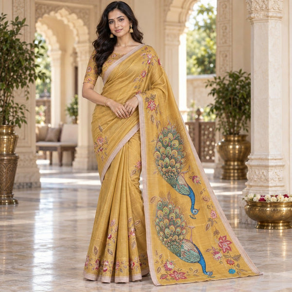 Mustard Gold Saree with Multicolour Floral Embroidery and Peacock Pallu