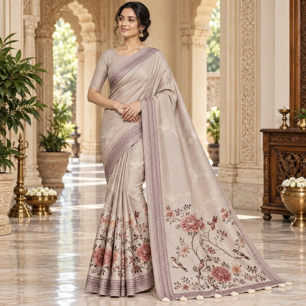 Elegant Beige Floral & Bird Motif Designer Saree