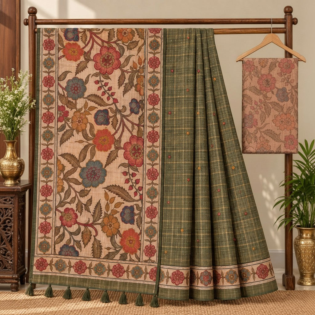 Olive Green Handloom Saree with Floral Pallu & Traditional Border