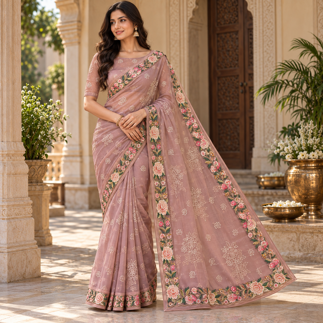 Elegant Dusty Rose Floral Embroidered Saree with Multicolour Border & Pallu