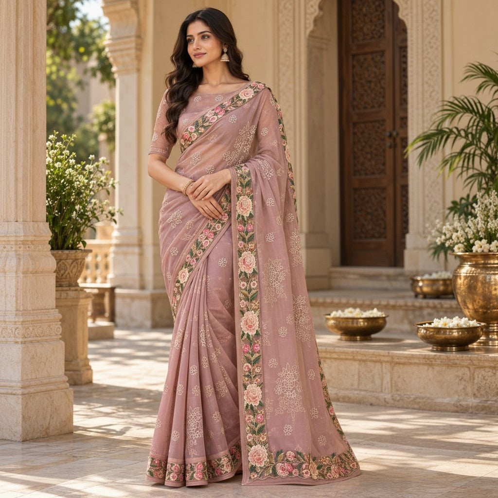 Elegant Dusty Rose Floral Embroidered Saree with Multicolour Border & Pallu