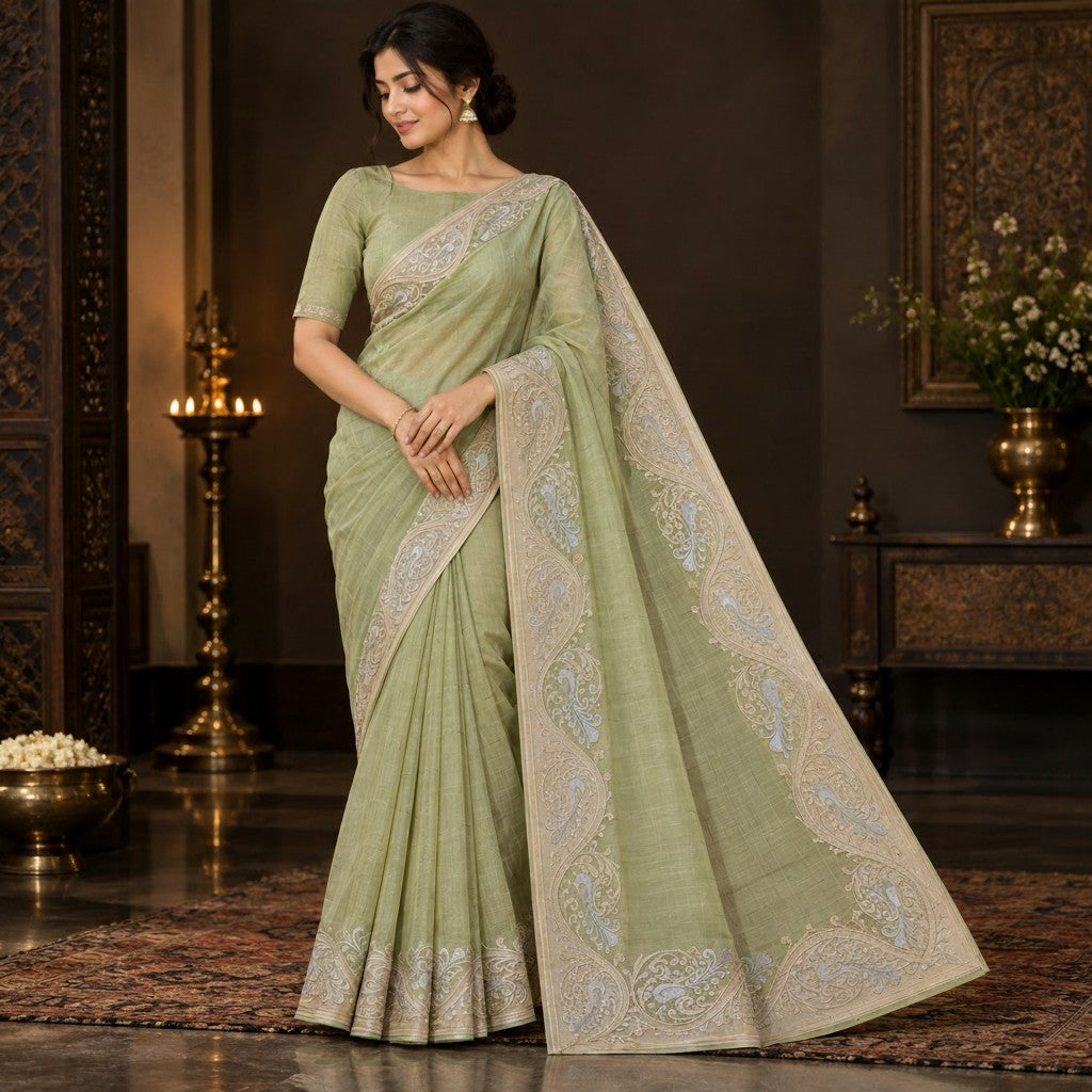 Elegant Sage Green Embroidered Saree with Intricate Paisley Border & Pallu