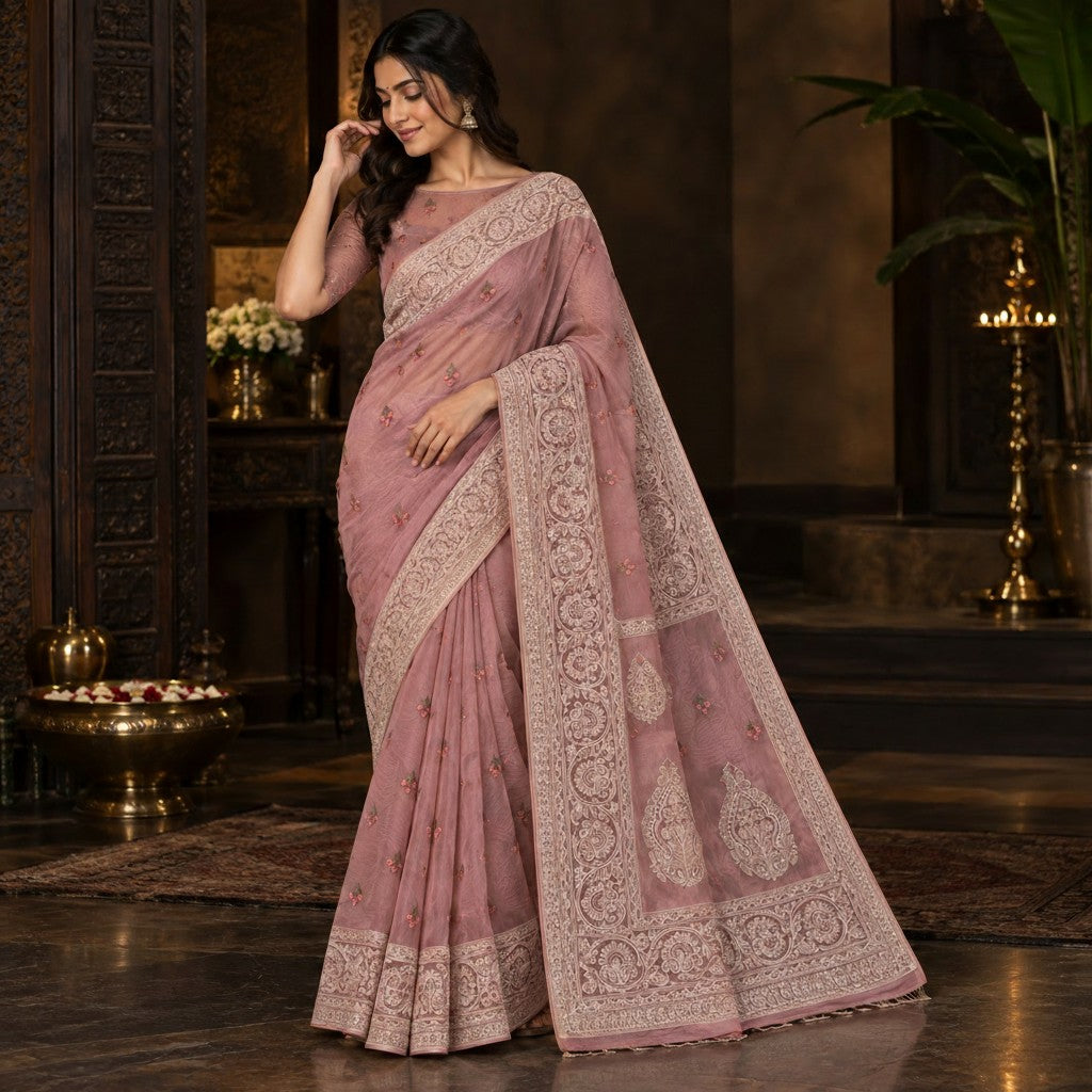 Elegant Mauve Pink Organza Saree with Floral Butti & Intricate Embroidered Border