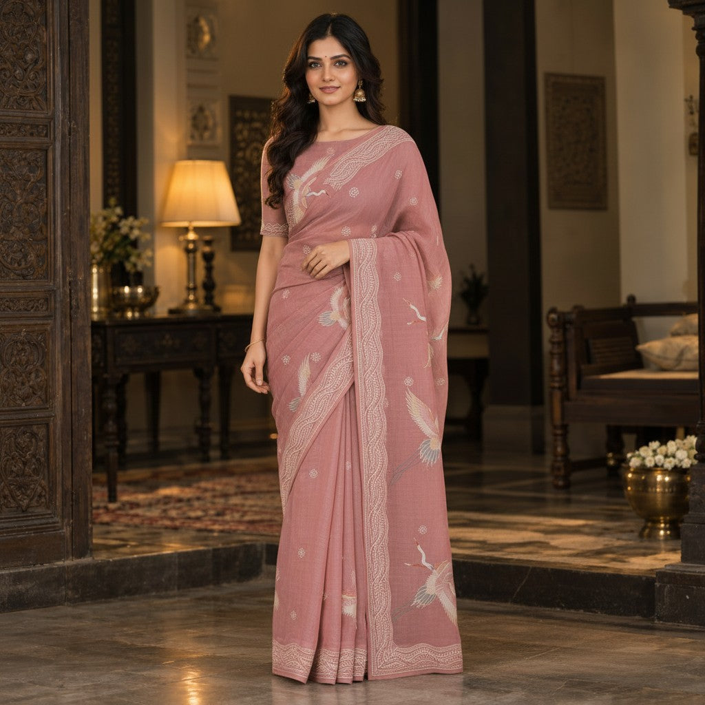 Dusty Rose Pink Floral Crane Embroidered Saree with Elegant Border