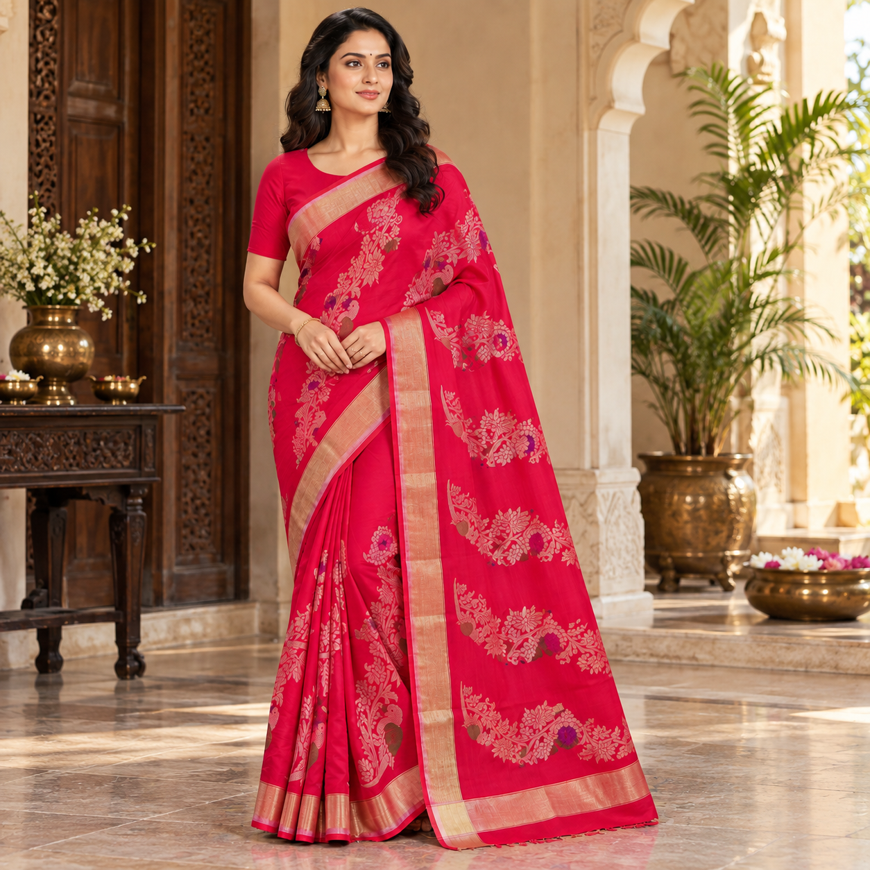 Elegant Magenta Pink Floral & Bird Motif Silk Saree with Rich Gold Border