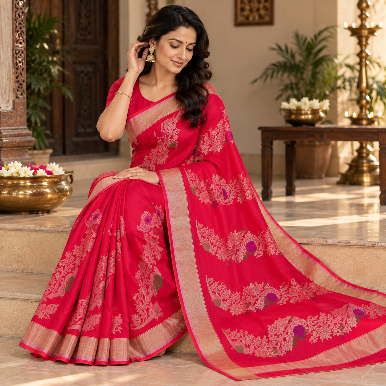 Elegant Magenta Pink Floral & Bird Motif Silk Saree with Rich Gold Border