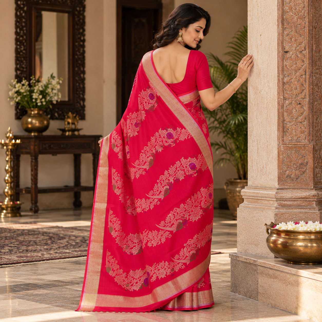 Elegant Magenta Pink Floral & Bird Motif Silk Saree with Rich Gold Border