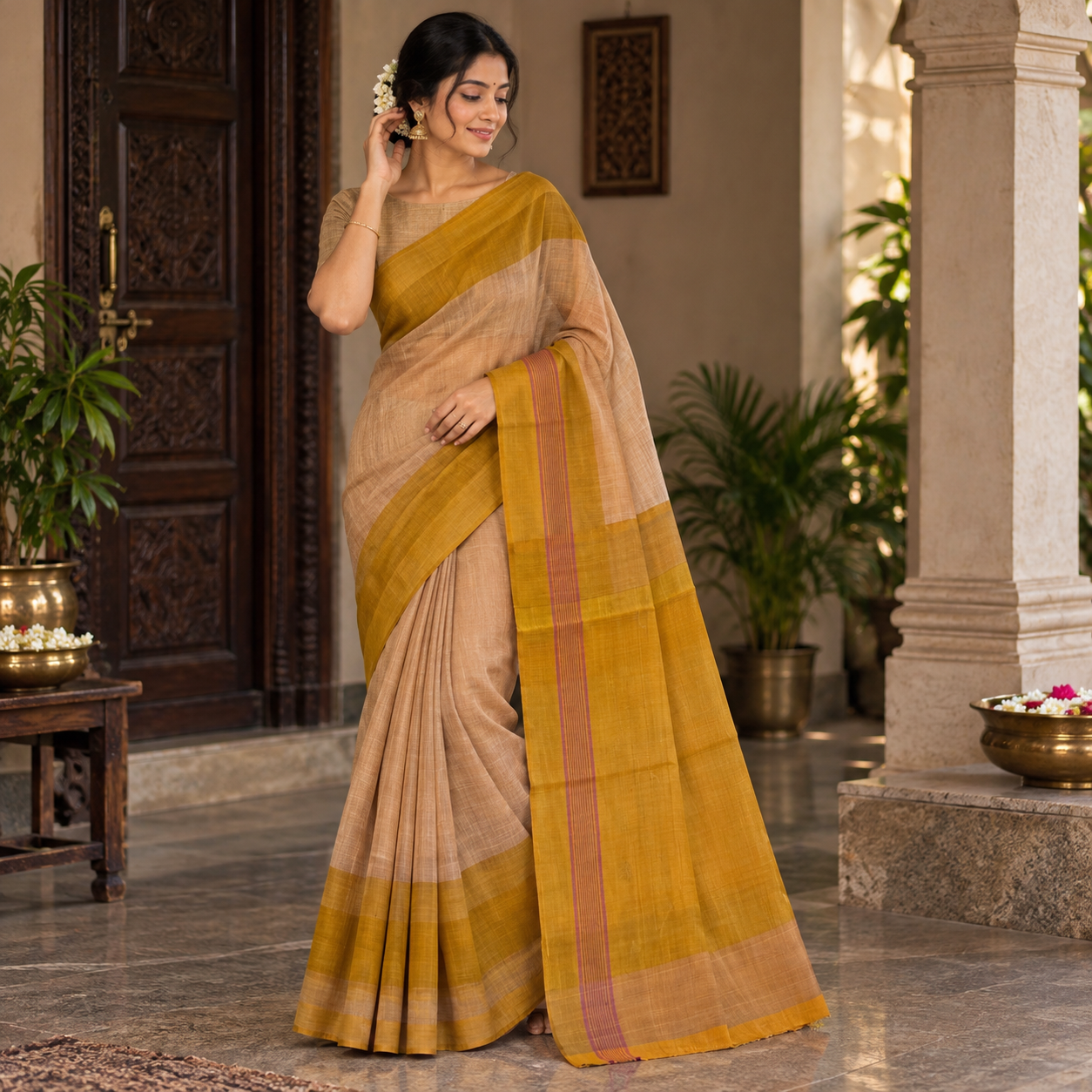 Elegant Mustard & Beige Handloom Saree with Contrast Border