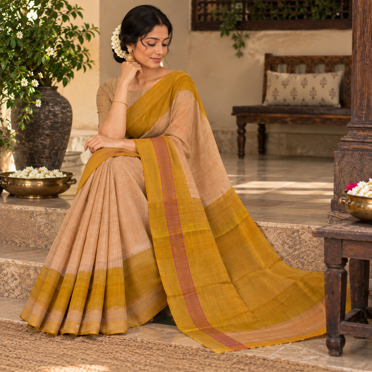 Elegant Mustard & Beige Handloom Saree with Contrast Border