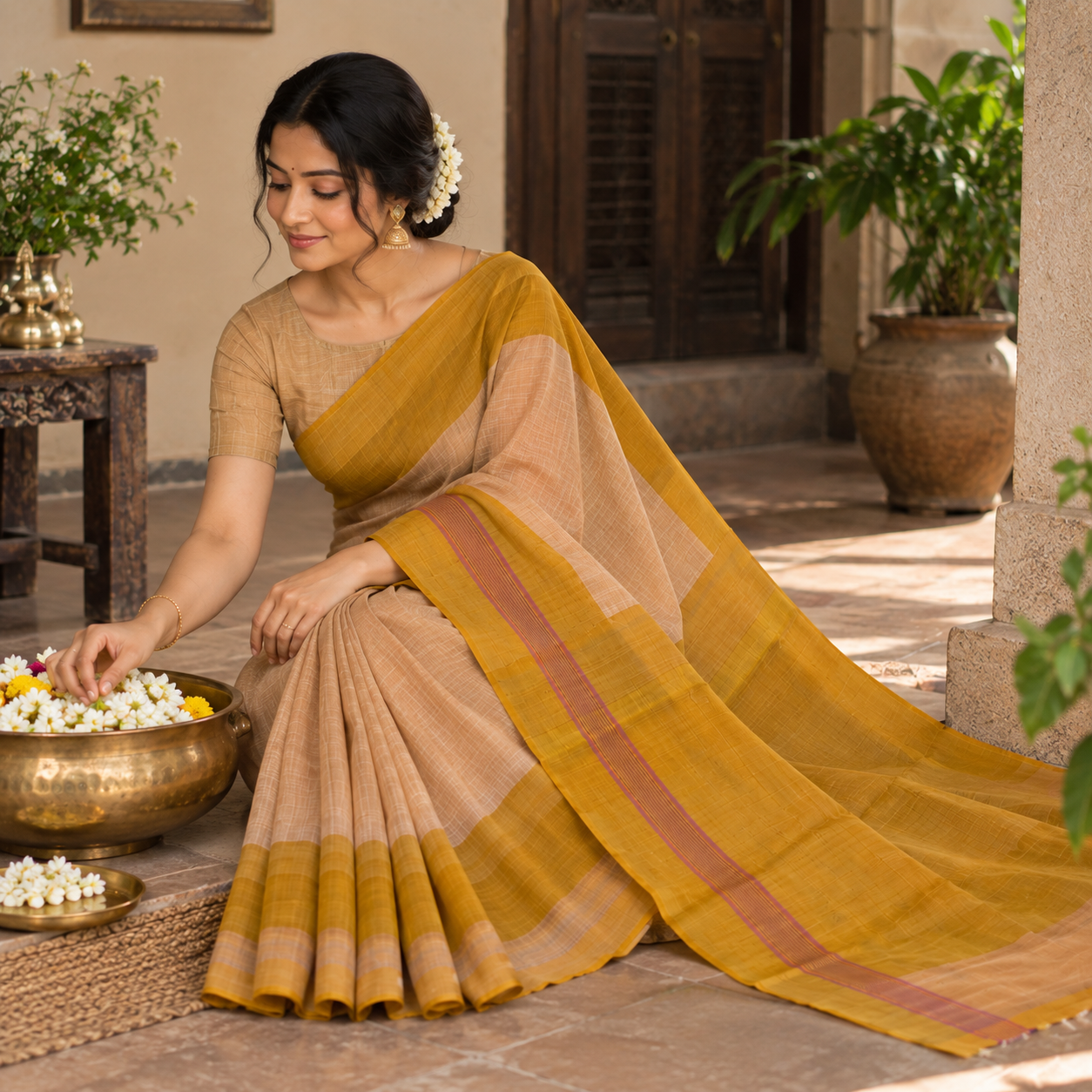 Elegant Mustard & Beige Handloom Saree with Contrast Border