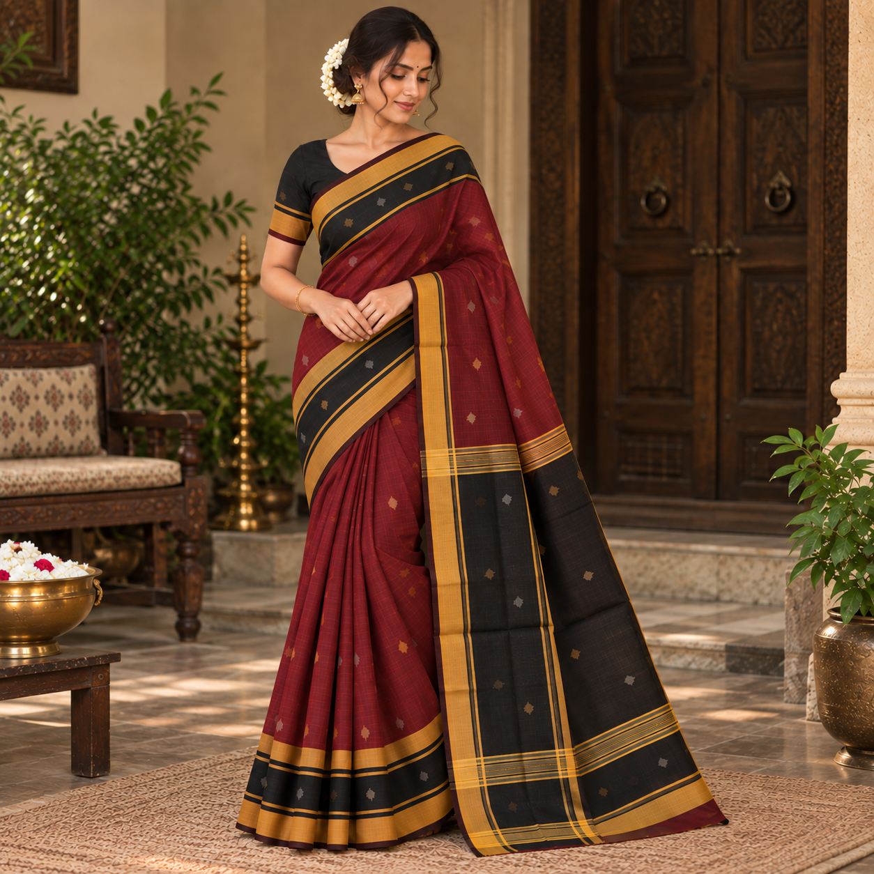 Maroon & Black Handloom Saree with Mustard Gold Border and Traditional Motifs