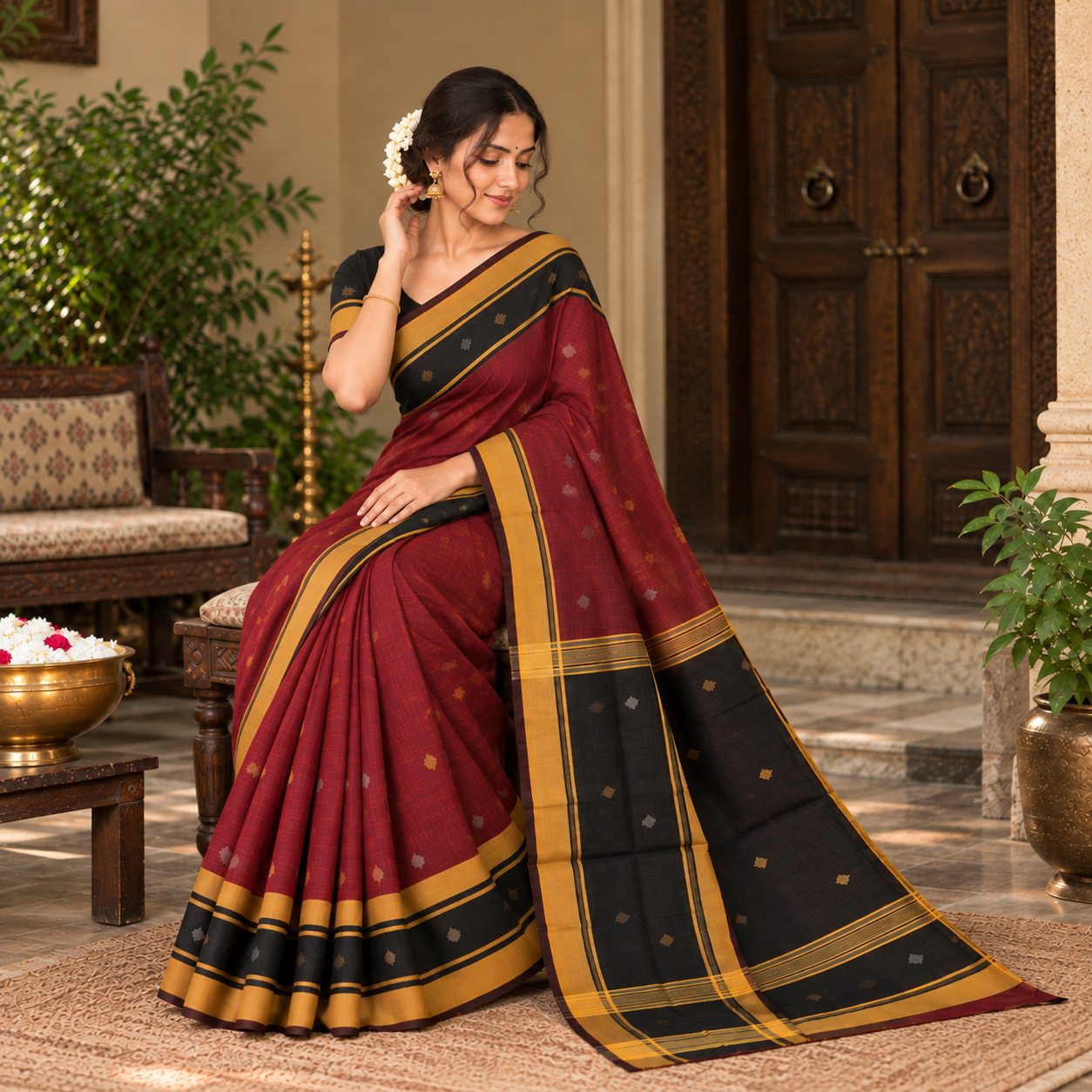 Maroon & Black Handloom Saree with Mustard Gold Border and Traditional Motifs