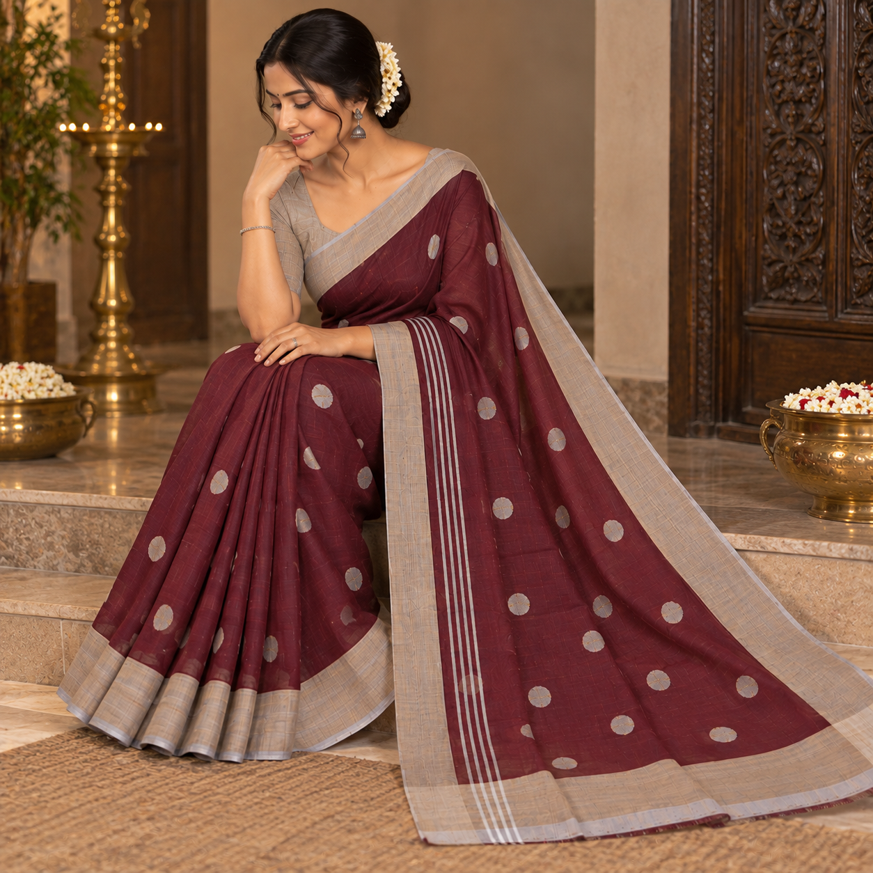Elegant Maroon Handloom Saree with Silver Polka Motifs & Contrast Border