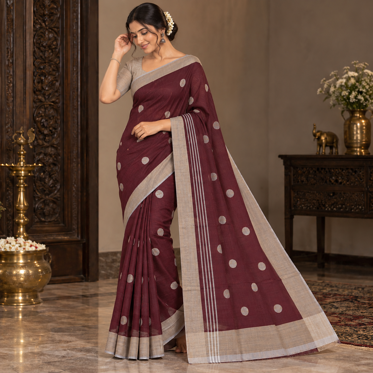 Elegant Maroon Handloom Saree with Silver Polka Motifs & Contrast Border
