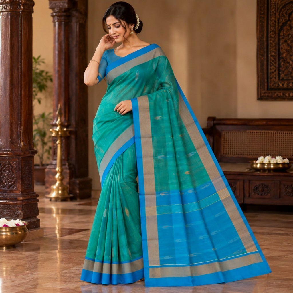 Elegant Teal Blue Handloom Saree with Zari Border & Blue Pallu