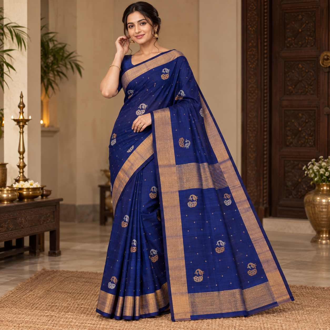 Royal Blue Handloom Saree with Traditional Gold Zari Border & Woven Motifs